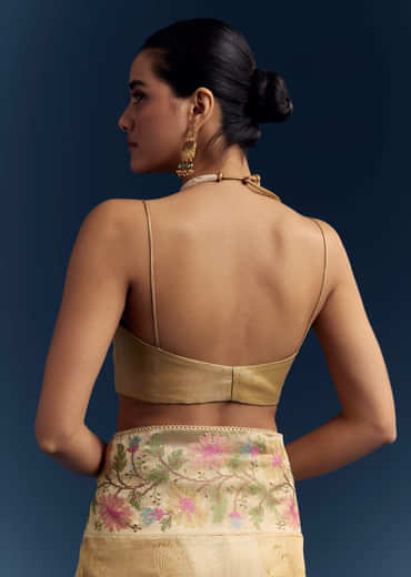 Mustard Yellow Tissue Silk Saree With Floral Resham Embroidery