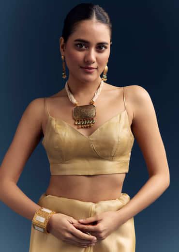 Mustard Yellow Tissue Silk Saree With Floral Resham Embroidery