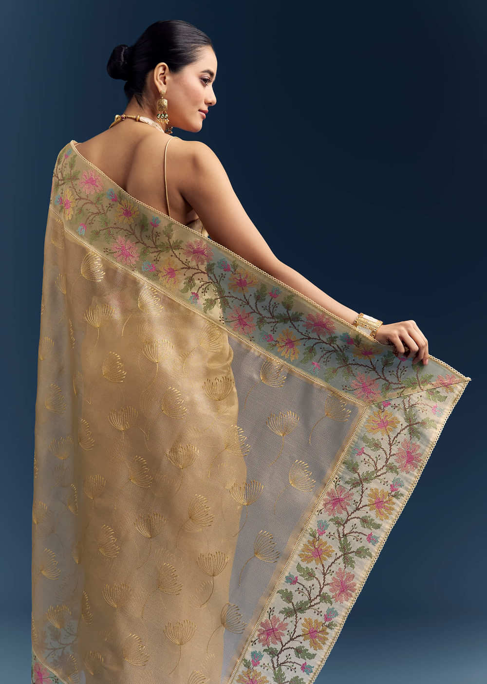 Mustard Yellow Tissue Silk Saree With Floral Resham Embroidery