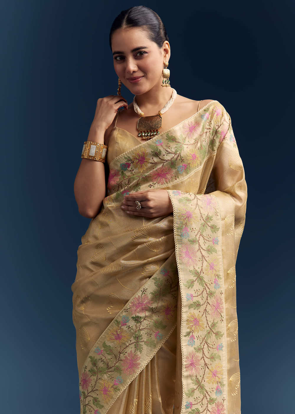 Mustard Yellow Tissue Silk Saree With Floral Resham Embroidery