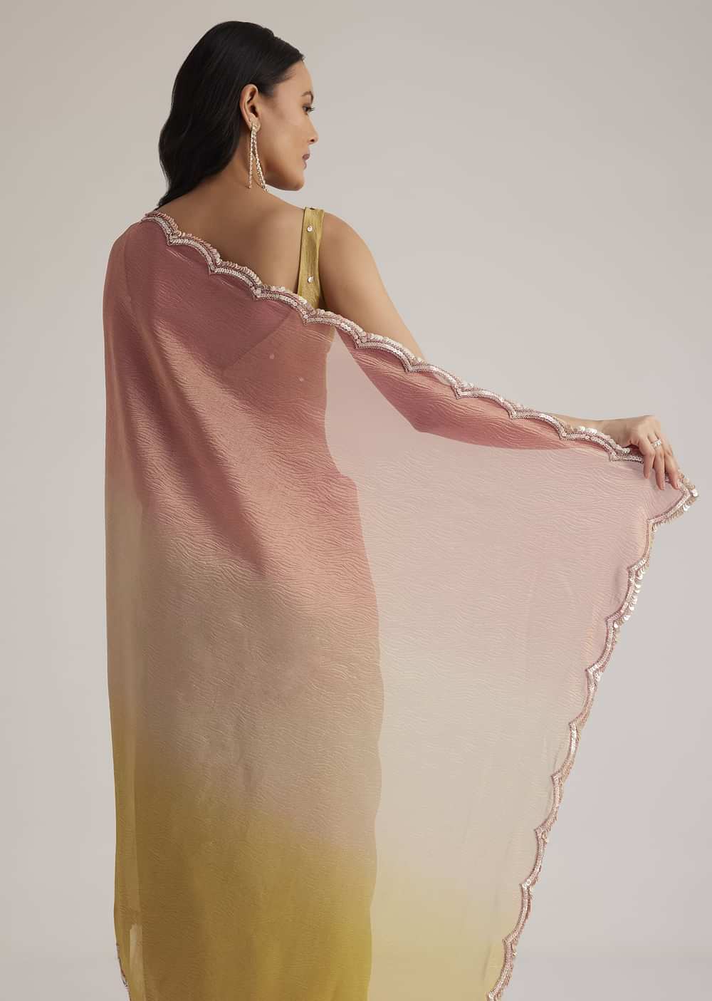 Mustard Yellow Triple Shaded Crushed Tissue Saree With Scallop Border