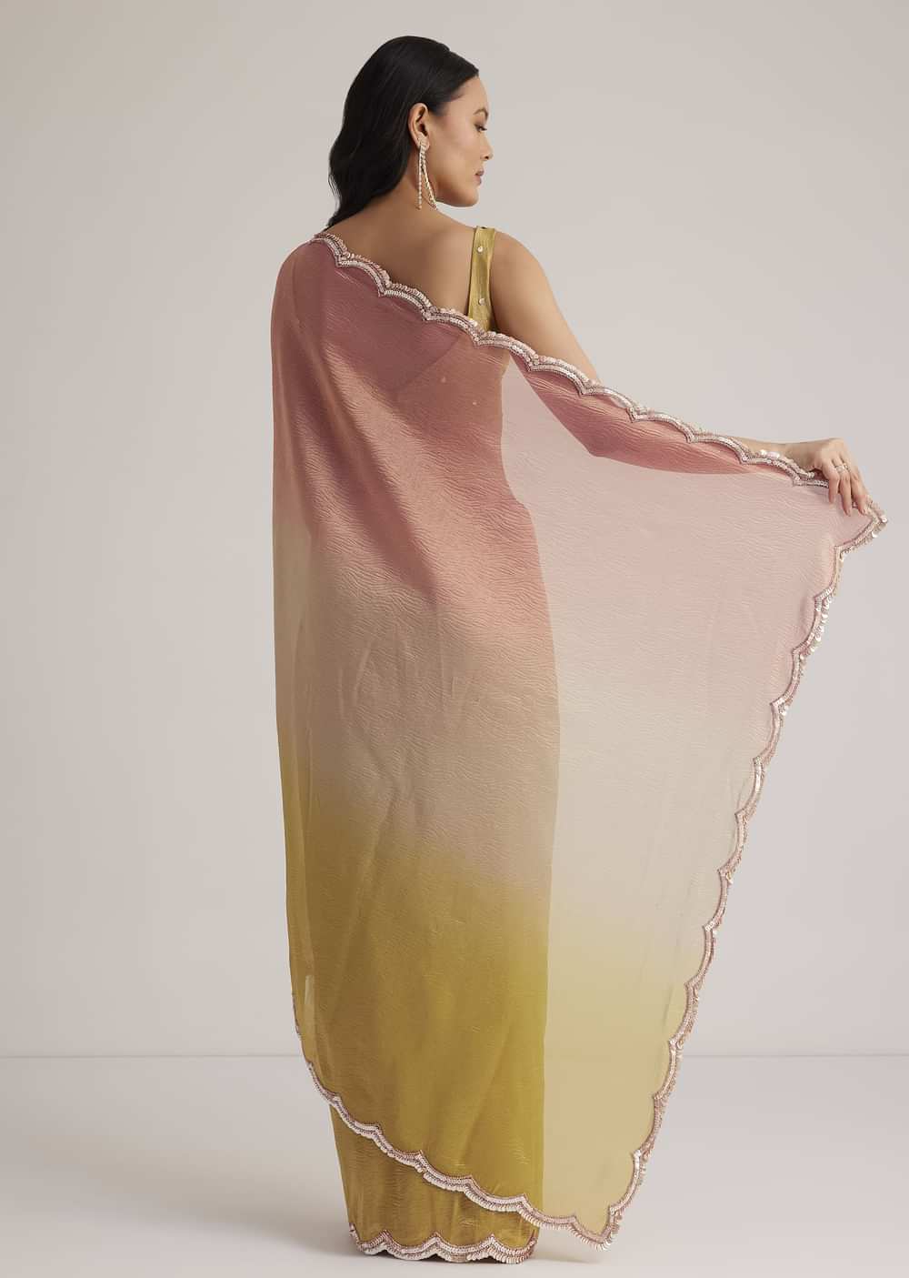 Mustard Yellow Triple Shaded Crushed Tissue Saree With Scallop Border