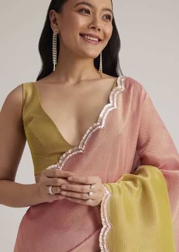 Mustard Yellow Triple Shaded Crushed Tissue Saree With Scallop Border