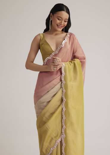 Mustard Yellow Triple Shaded Crushed Tissue Saree With Scallop Border