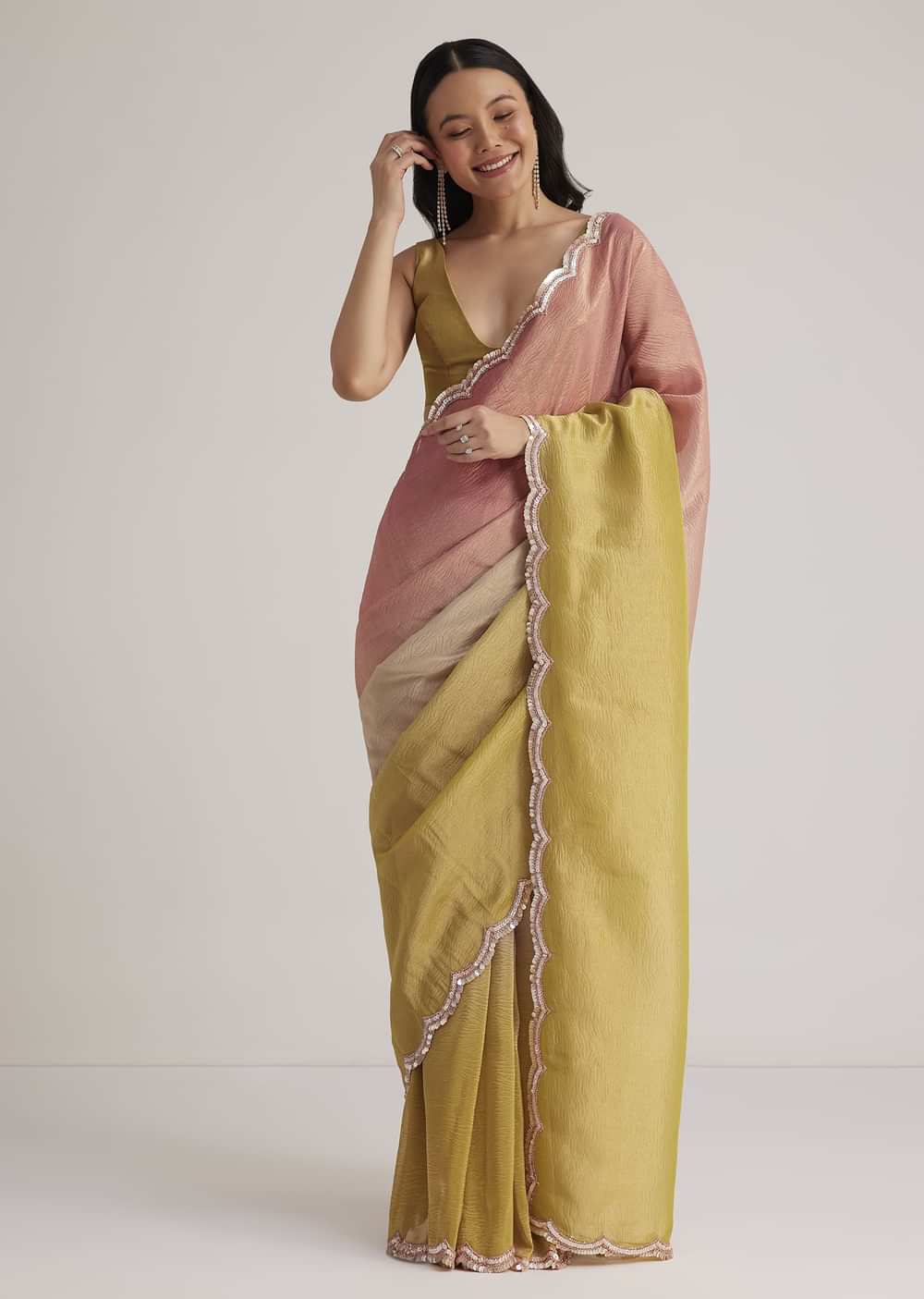 Mustard Yellow Triple Shaded Crushed Tissue Saree With Scallop Border