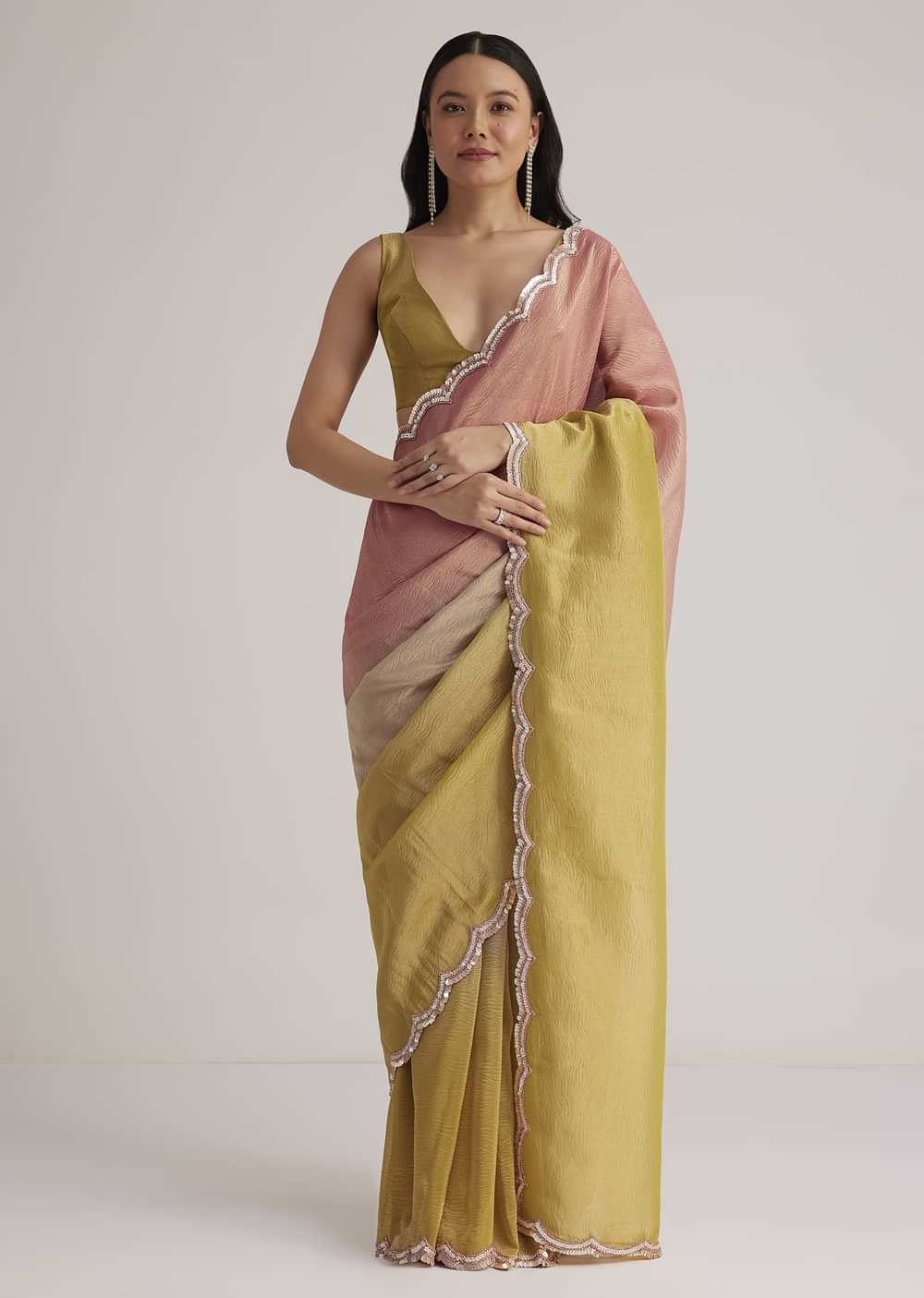 Mustard Yellow Triple Shaded Crushed Tissue Saree With Scallop Border