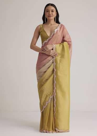 Mustard Yellow Triple Shaded Crushed Tissue Saree With Scallop Border
