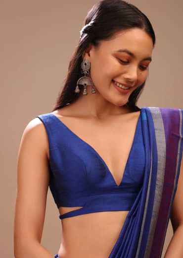 Nautical Blue Blouse In Raw Silk With Plunging V Neckline And Side Cut Outs