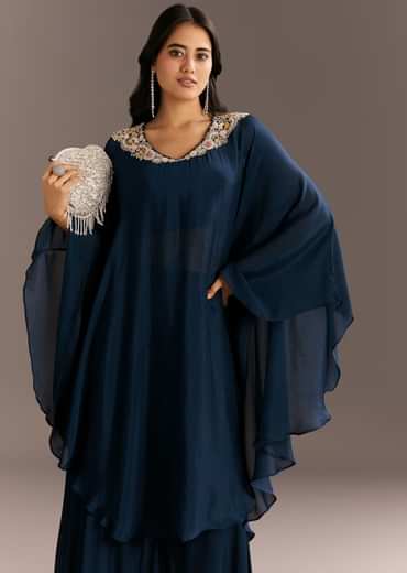 Navy Blue Chinon Cape Style Kurta With Zardosi Neckline