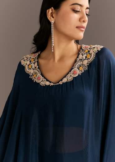 Navy Blue Chinon Cape Style Kurta With Zardosi Neckline