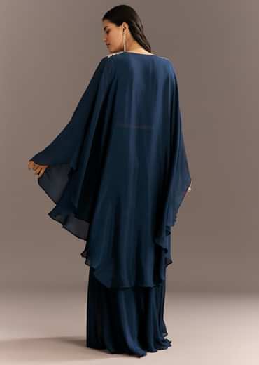 Navy Blue Chinon Cape Style Kurta With Zardosi Neckline