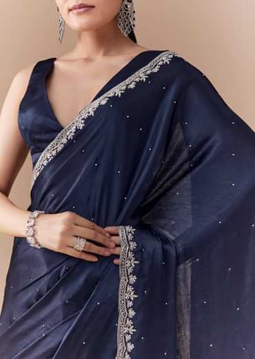 Navy Blue Chinon Embroidered Border Saree with Blouse Fabric