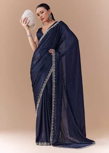 Navy Blue Chinon Embroidered Border Saree with Blouse Fabric