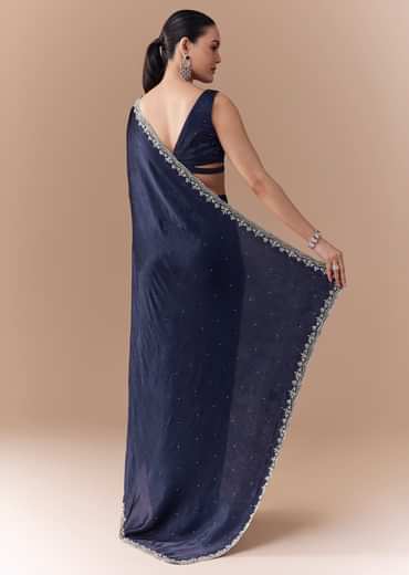Navy Blue Chinon Embroidered Border Saree with Blouse Fabric