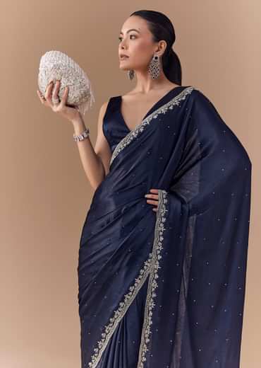 Navy Blue Chinon Embroidered Border Saree with Blouse Fabric