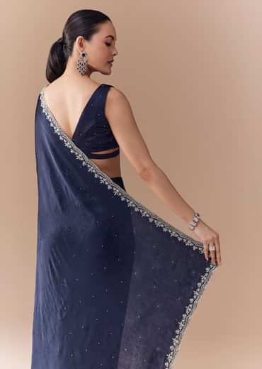 Navy Blue Chinon Embroidered Border Saree with Blouse Fabric