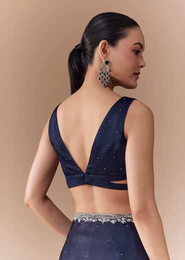 Navy Blue Chinon Embroidered Border Saree with Blouse Fabric