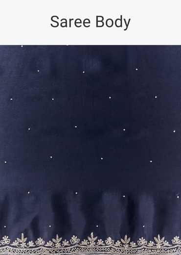 Navy Blue Chinon Embroidered Border Saree with Blouse Fabric