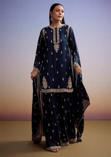 Navy Blue Chinon Sharara Suit With Cut Dana And Sequins Work