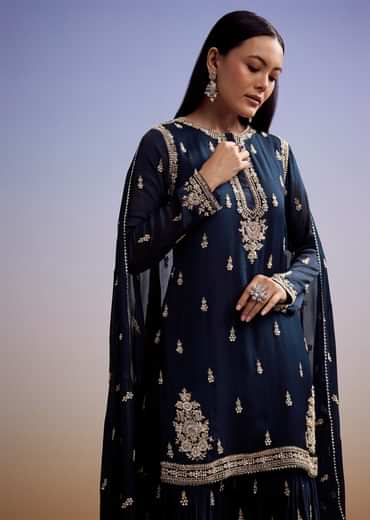 Navy Blue Chinon Sharara Suit With Cut Dana And Sequins Work