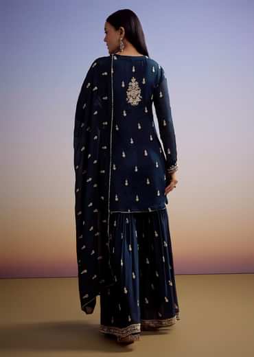 Navy Blue Chinon Sharara Suit With Cut Dana And Sequins Work