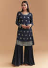 Navy Blue Chinon Sharara Suit With Heavy Cutdana Embroidery