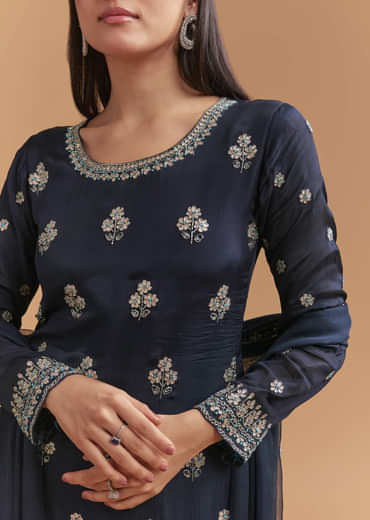 Navy Blue Chinon Sharara Suit With Heavy Cutdana Embroidery
