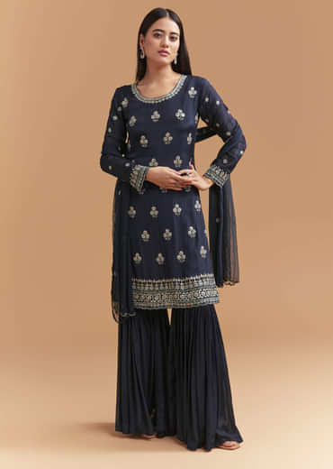 Navy Blue Chinon Sharara Suit With Heavy Cutdana Embroidery