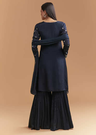 Navy Blue Chinon Sharara Suit With Heavy Cutdana Embroidery