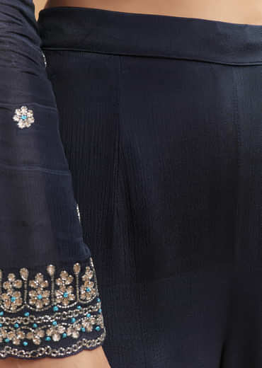 Navy Blue Chinon Sharara Suit With Heavy Cutdana Embroidery