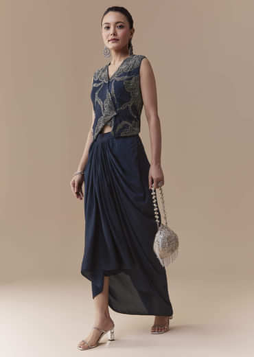 Navy Blue Crop Top and Silk Skirt Set with Cutdana Work