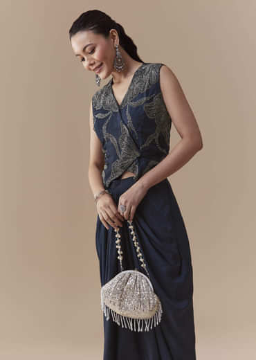Navy Blue Crop Top and Silk Skirt Set with Cutdana Work