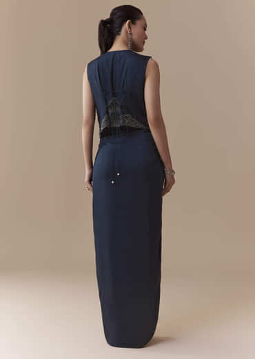 Navy Blue Crop Top and Silk Skirt Set with Cutdana Work