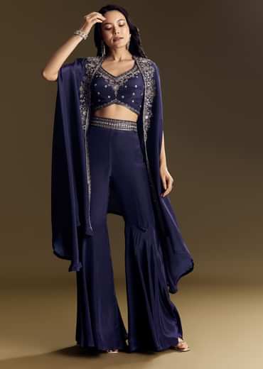 Navy Blue Crop Top Set With Silver Zardozi Cape