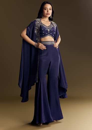Navy Blue Crop Top Set With Silver Zardozi Cape