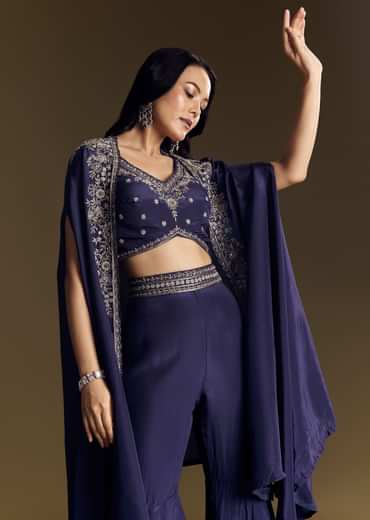 Navy Blue Crop Top Set With Silver Zardozi Cape