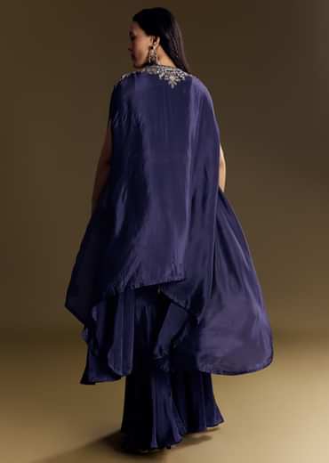 Navy Blue Crop Top Set With Silver Zardozi Cape