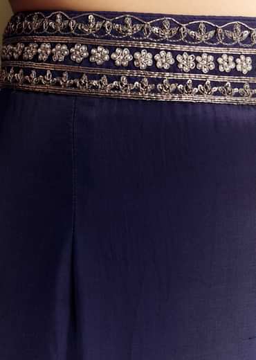 Navy Blue Crop Top Set With Silver Zardozi Cape