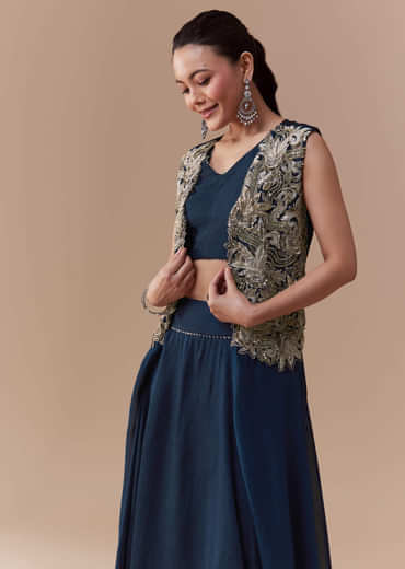 Navy Blue Crop Top Silk Skirt Set with Zari Jacket