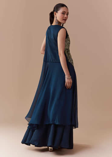 Navy Blue Crop Top Silk Skirt Set with Zari Jacket