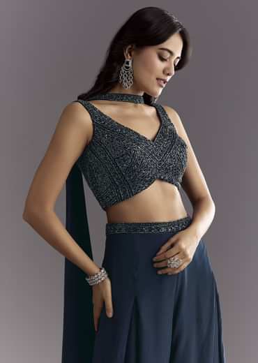 Navy Blue Embroidered Croptop Palazzo With Choker Dupatta