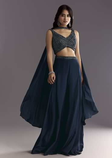 Navy Blue Embroidered Croptop Palazzo With Choker Dupatta