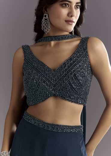 Navy Blue Embroidered Croptop Palazzo With Choker Dupatta