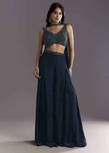 Navy Blue Embroidered Croptop Palazzo With Choker Dupatta