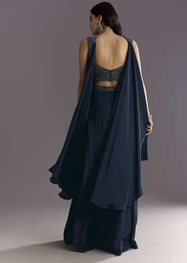 Navy Blue Embroidered Croptop Palazzo With Choker Dupatta