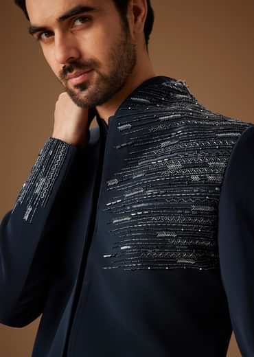 Navy Blue Embroidered Tuxedo Set