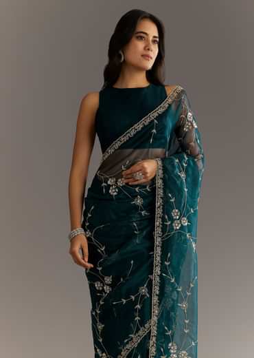 Navy Blue Floral Jaal Embroidered Tissue Saree With Cutdana And Sequins