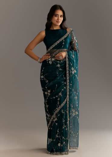 Navy Blue Floral Jaal Embroidered Tissue Saree With Cutdana And Sequins