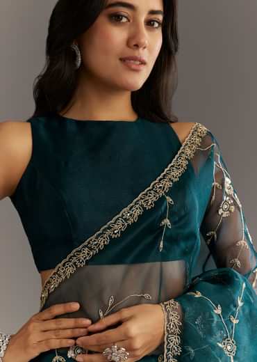 Navy Blue Floral Jaal Embroidered Tissue Saree With Cutdana And Sequins