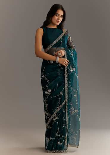 Navy Blue Floral Jaal Embroidered Tissue Saree With Cutdana And Sequins